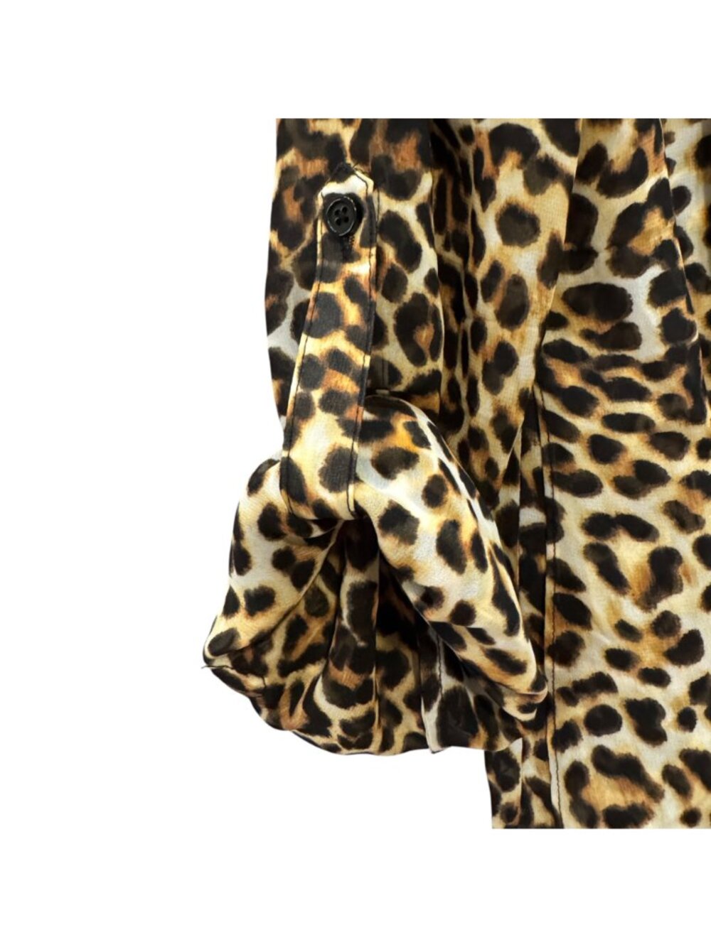 Chico's Leopard Sheer Blouse Cover Up M Tiered Hi-Low Tab Cuffed Sleeves Regency - Picture 10 of 12